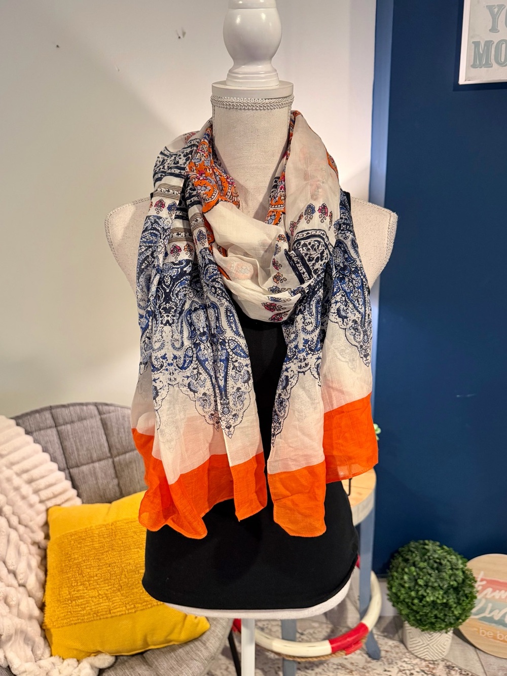 Orange Blue Paisley Oversized Lightweight Scarf